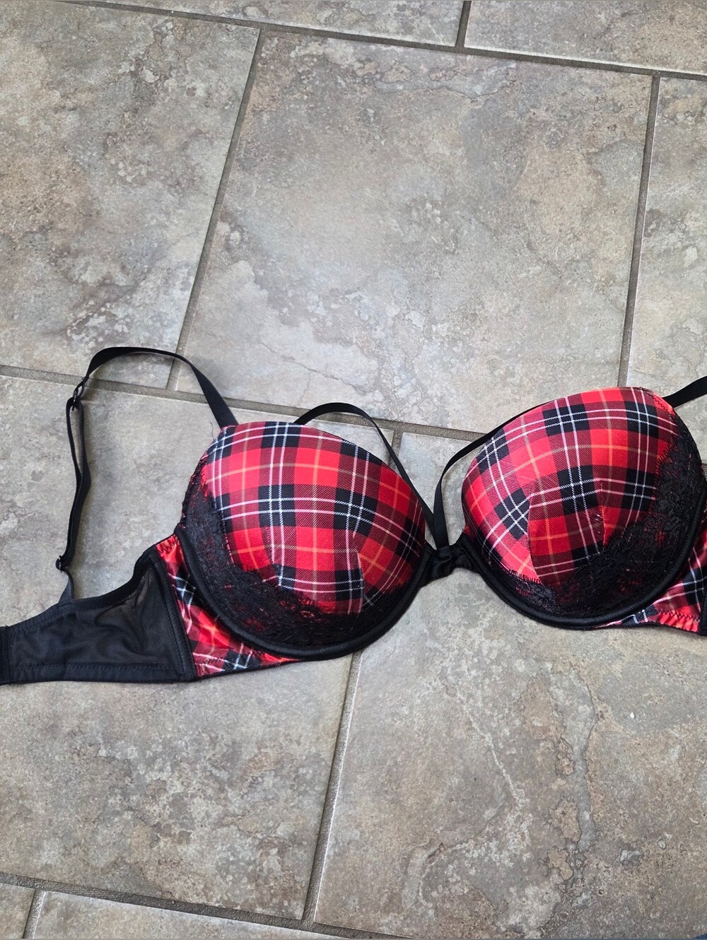 Victoria's Secret Red Plaid Push-Up Bra with Black Lace 32DD